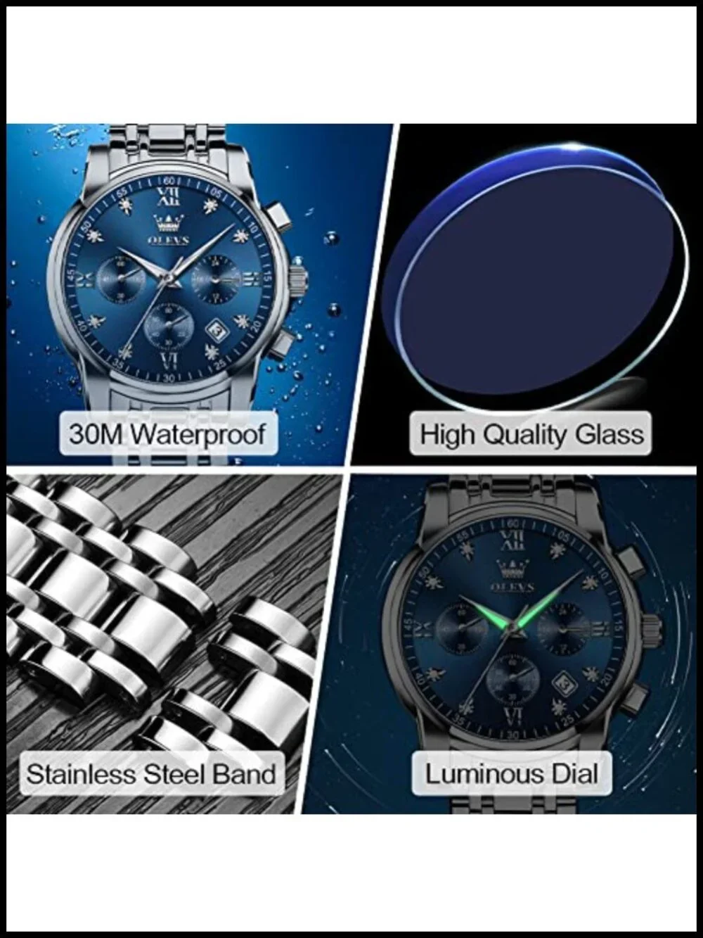 Men's Stainless Steel Chronograph Watch Big Face Analog Quartz Waterproof Dress